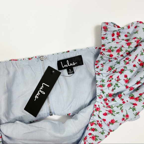 Lulus Sunny Expectations Blue Rose Floral Puff Sleeve Crop Top Small - Picture 5 of 11